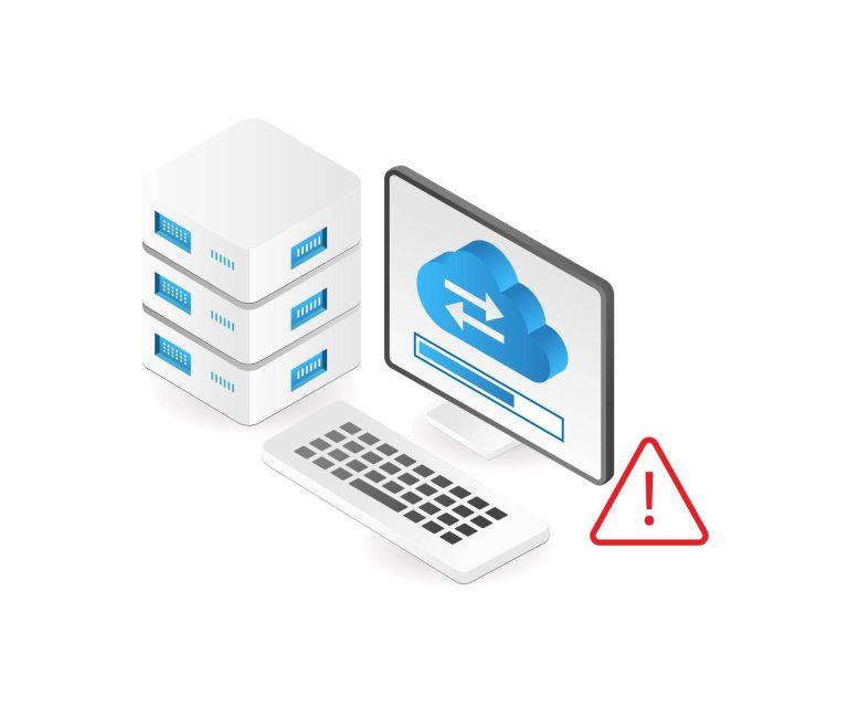 Cloud upload process with server and warning sign indicating a potential system or security issue.