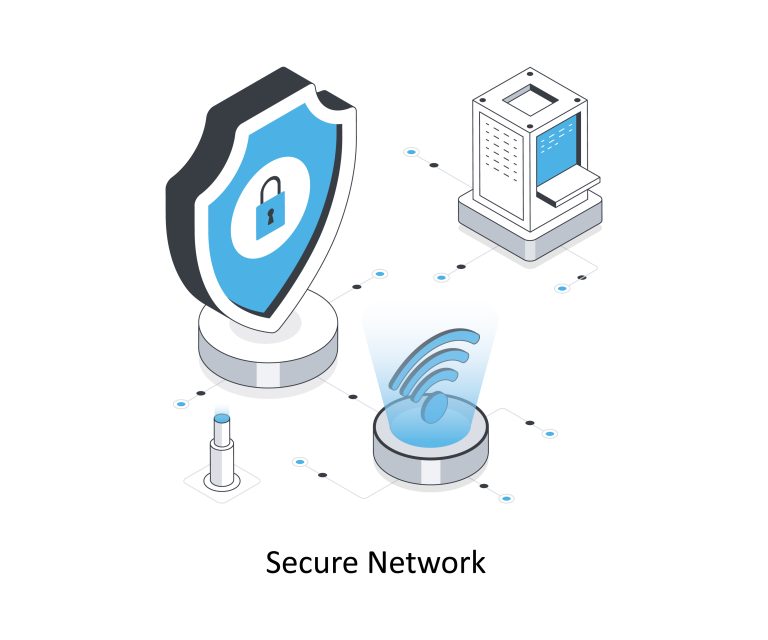 A secure network with a shield, server, and Wi-Fi symbol.
