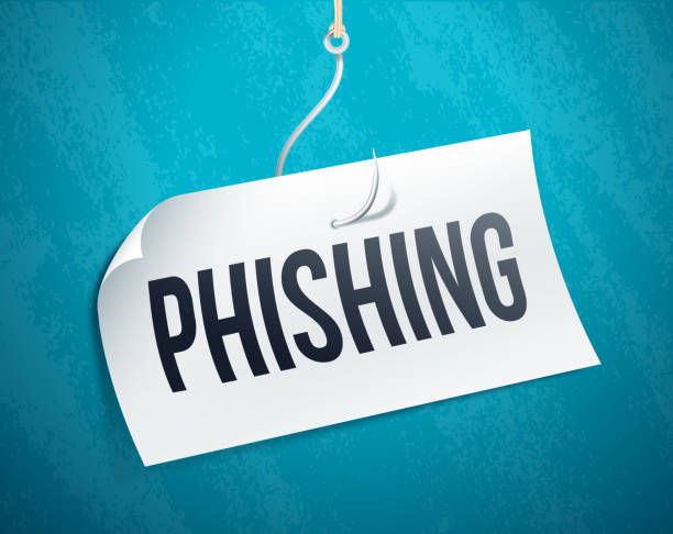 Paper labeled “PHISHING” hooked by a fishing line, symbolizing online scams, against a blue background.