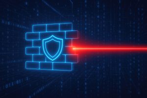 Blue digital firewall blocking a red cyber attack beam