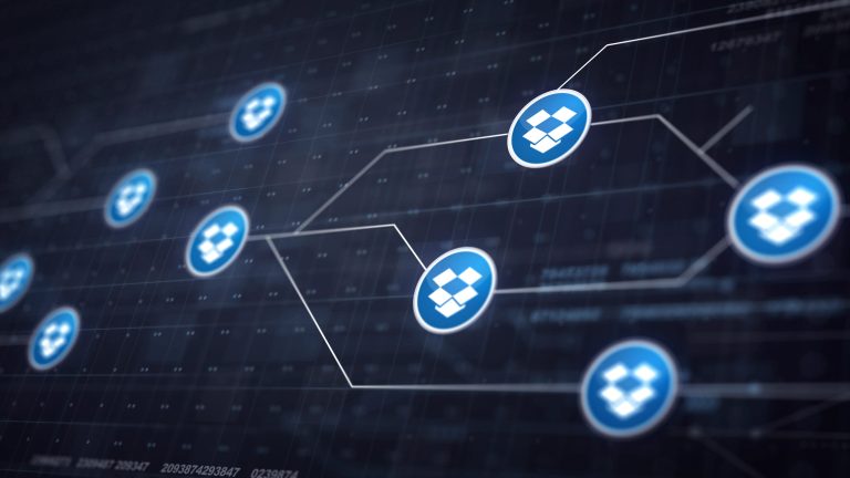 Digital network with interconnected Dropbox logos on a dark grid background.