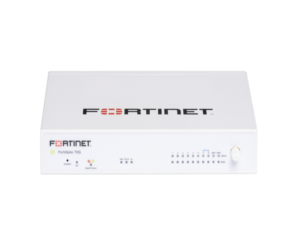 FortiGate 70G desktop security appliance front panel with integrated networking ports and LED status lights.