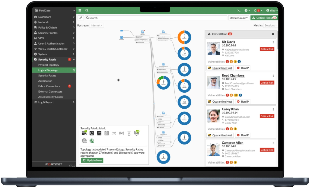 Laptop screen displaying Fortinet SD‑WAN interface with 10GE connectivity for high‑speed networking.